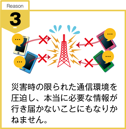 災害時の限られた通信環境を圧迫し、本当に必要な情報が行き届かないことにもなりかねない。