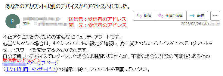 不正アクセスを防ぐための重要なセキュリティアラートです。心当たりがない場合は、すぐにアカウントの設定を確認し、身に覚えのないデバイスをすべてログアウトさせ、パスワードを変更する必要があります。自分で新しいデバイスでログインした場合は問題ありませんが、不審な場合は詐欺の可能性もあるため、*****のヘルプページ(または利用中のサービス)の指示に従い、アカウントを保護してください。