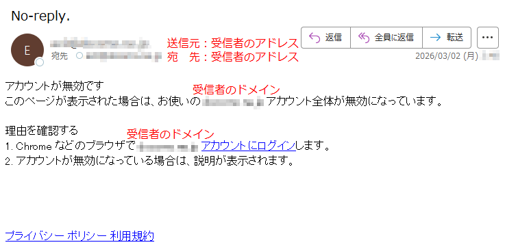 アカウントが無効ですこのページが表示された場合は、お使いの*****アカウント全体が無効になっています。理由を確認する1.Chromeなどのブラウザで*****アカウントにログインします。2.アカウントが無効になっている場合は、説明が表示されます。プライバシーポリシー利用規約