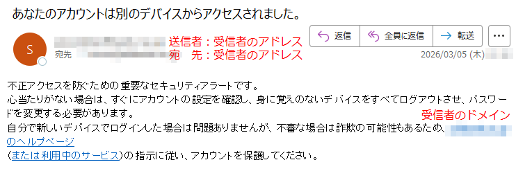 不正アクセスを防ぐための重要なセキュリティアラートです。心当たりがない場合は、すぐにアカウントの設定を確認し、身に覚えのないデバイスをすべてログアウトさせ、パスワードを変更する必要があります。自分で新しいデバイスでログインした場合は問題ありませんが、不審な場合は詐欺の可能性もあるため、のヘルプページ(または利用中のサービス)の指示に従い、アカウントを保護してください。
