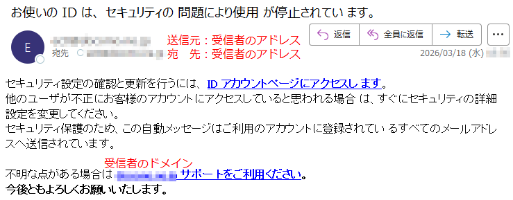 セキュリティ設定の確認と更新を行うには、IDアカウントページにアクセスします。他のユーザが不正にお客様のアカウントにアクセスしていると思われる場合は、すぐにセキュリティの詳細設定を変更してください。セキュリティ保護のため、この自動メッセージはご利用のアカウントに登録されているすべてのメールアドレスへ送信されています。不明な点がある場合は*****サポートをご利用ください。今後ともよろしくお願いいたします。